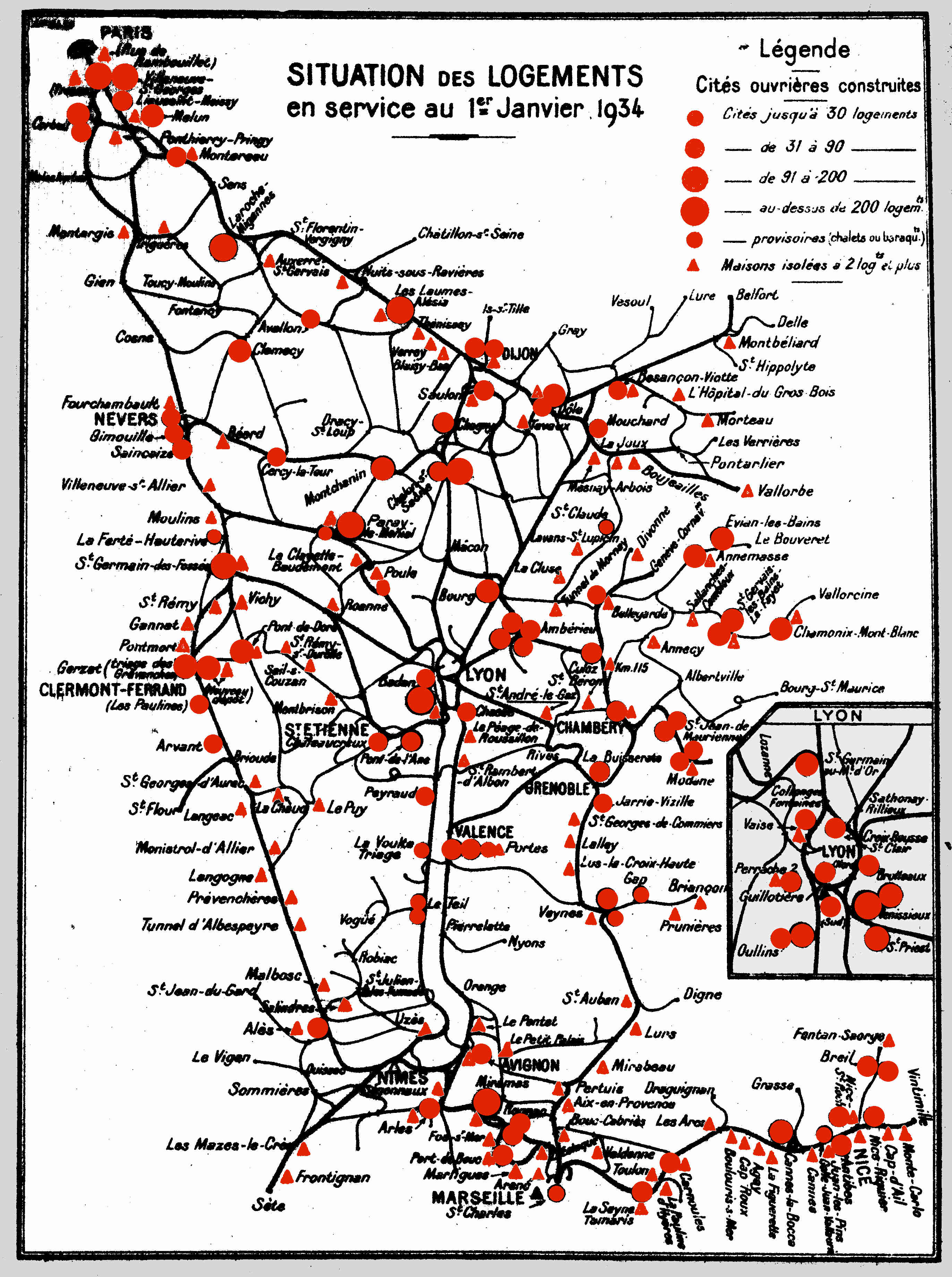 La carte des cités PLM en 1934: le réseau en est couvert.
